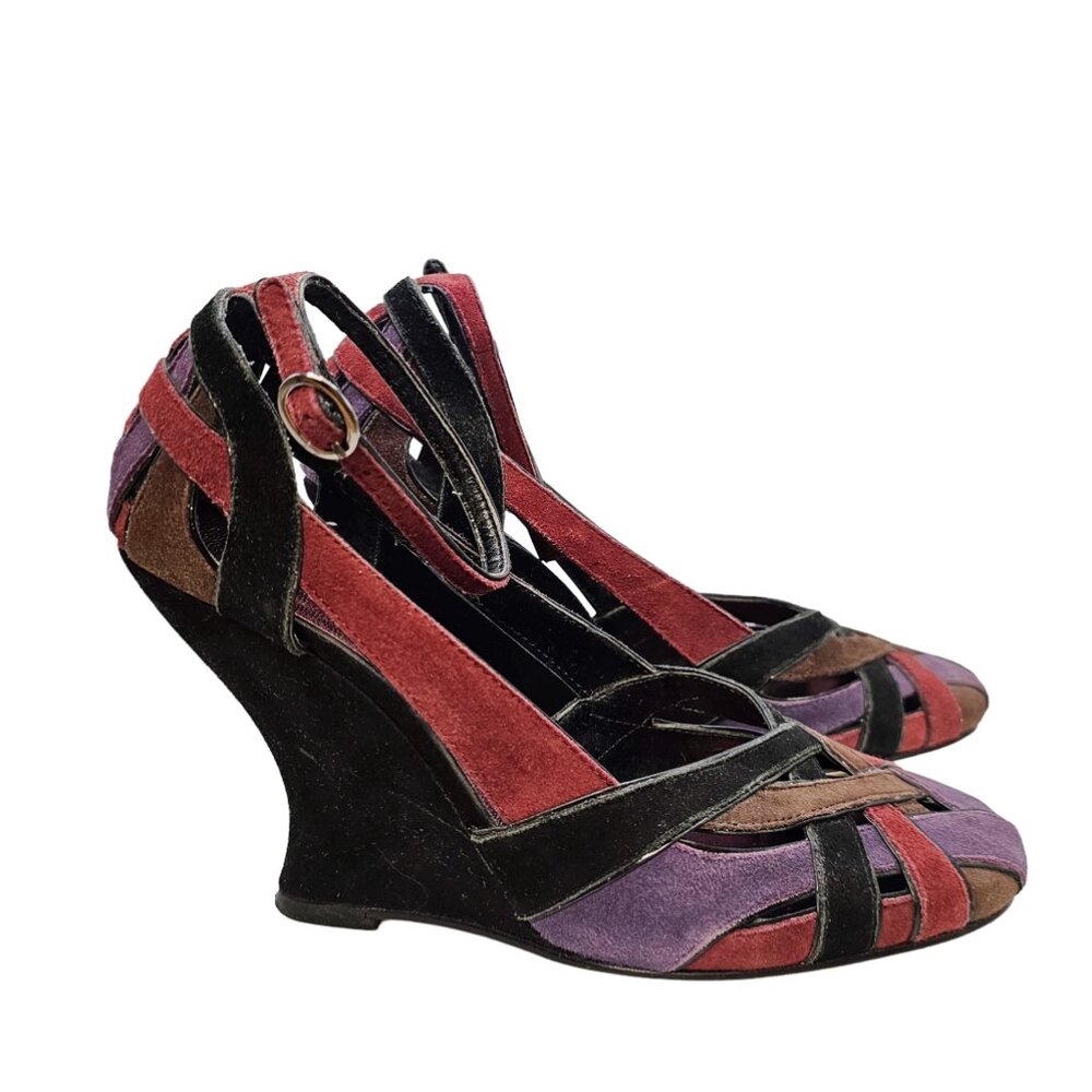 Hype Suede Multi Color Woven Strap High Heel Sandal Size M.  3.25" Wedge Heel.